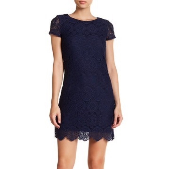 navy lace shift dress